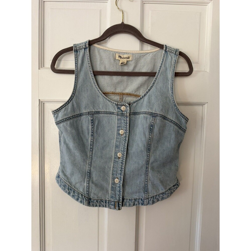 Madewell Vest Womens 8 Blue Denim Scoop Neck Button Front Waistcoat Top Casual